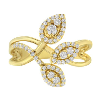 10K Yellow Gold 1/2 Cttw Round-Cut Diamond Layered Crossover Triple Leaf Bypass Ring (I-J Color, I1-I2 Clarity) - Size 7