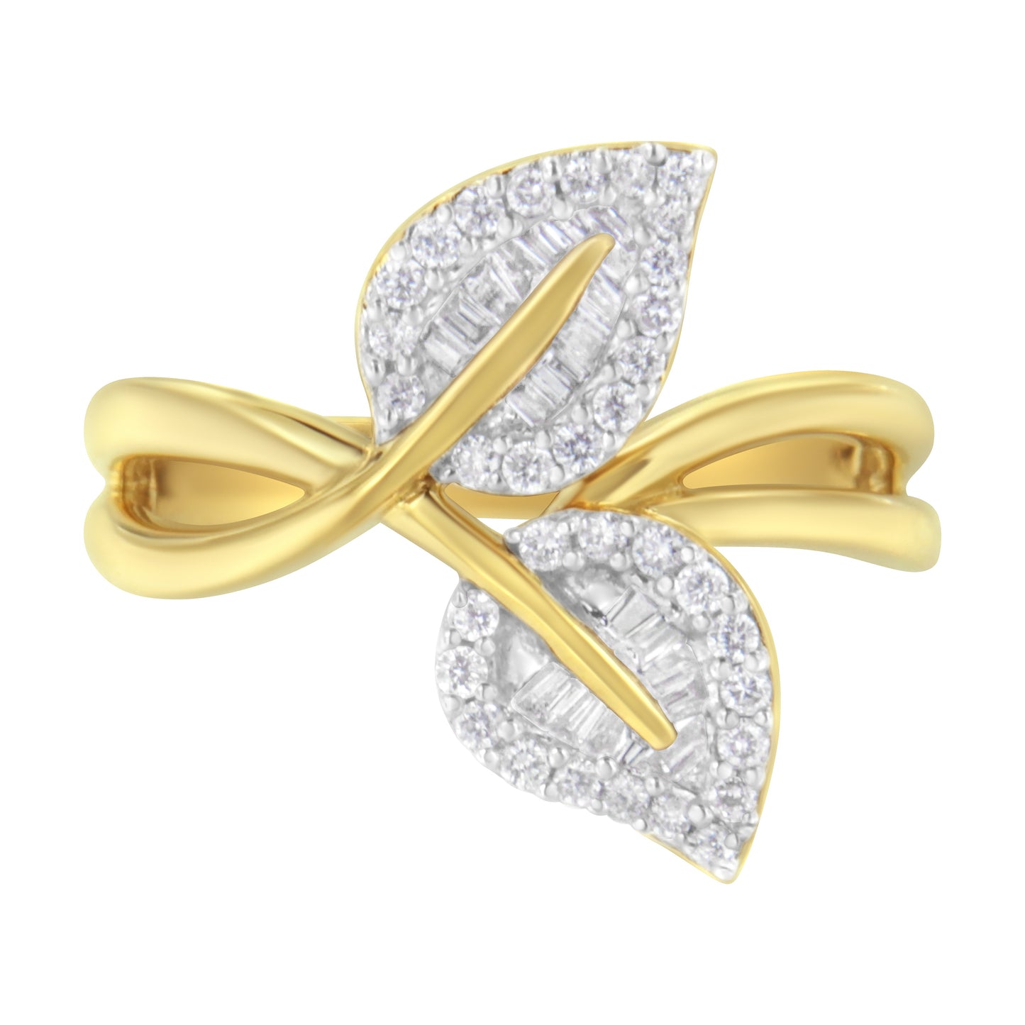 10K Yellow Gold 3/8 Cttw Round and Baguette-Cut Diamond Leaf Cocktail Ring - Size 7 (I-J Color, I1-I2 Clarity)
