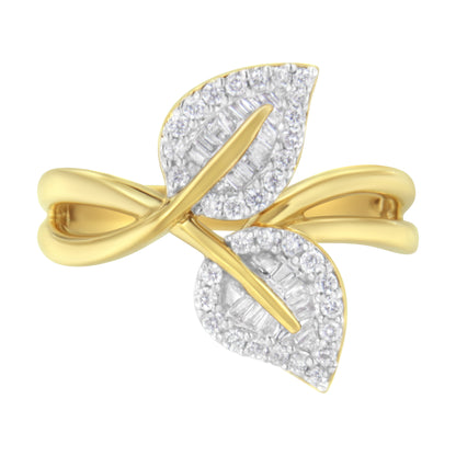 10K Yellow Gold 3/8 Cttw Round and Baguette-Cut Diamond Leaf Cocktail Ring - Size 7 (I-J Color, I1-I2 Clarity)