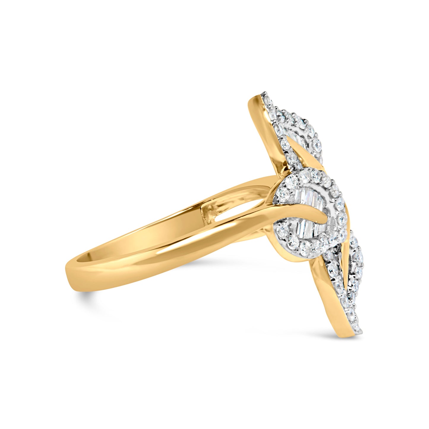 10k Yellow and White Gold 1/2 Cttw Baguette and Round Diamond Bypass Triple Leaf Ring (I-J Color, I1-I2 Clarity) - Size 7