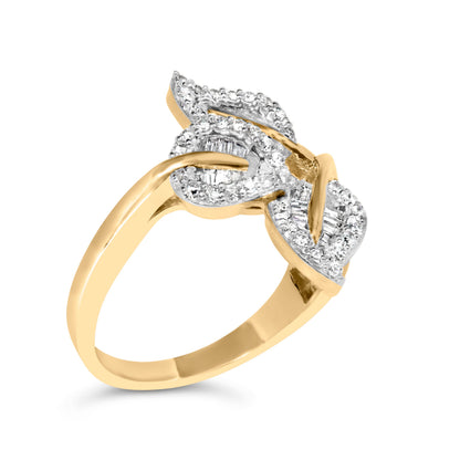 18K Yellow Gold Plated .925 Sterling Silver 1/2 Cttw Baguette and Round Diamond Bypass Triple Leaf Ring (I-J Color, I1-I2 Clarity) - Size 5