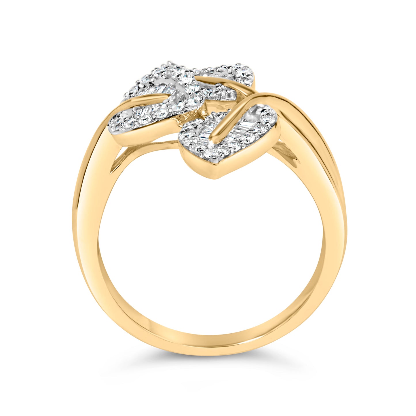 10k Yellow and White Gold 1/2 Cttw Baguette and Round Diamond Bypass Triple Leaf Ring (I-J Color, I1-I2 Clarity) - Size 7