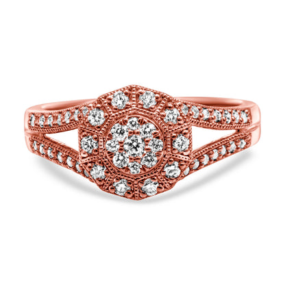 14K Rose Gold Plated .925 Sterling Silver 1/2 Cttw Pave Diamond Halo Cluster Split Shank Cocktail Ring (I-J Color, I1-I2 Clarity) - Size 6