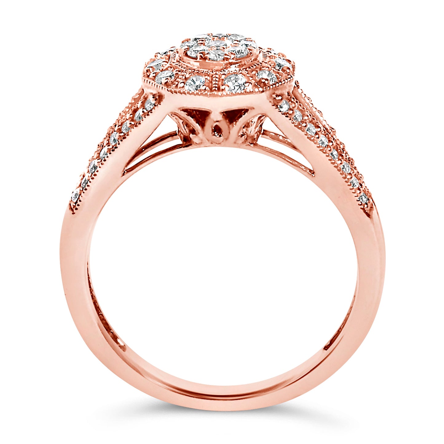 14K Rose Gold Plated .925 Sterling Silver 1/2 Cttw Pave Diamond Halo Cluster Split Shank Cocktail Ring (I-J Color, I1-I2 Clarity) - Size 6