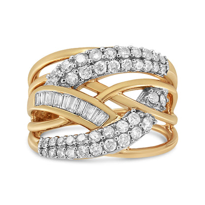 10K Yellow and White Gold 1.0 Cttw Round and Baguette-Cut Diamond Multirow Interwoven Cocktail Ring (I-J Color, I2-I3 Quality) - Size 7