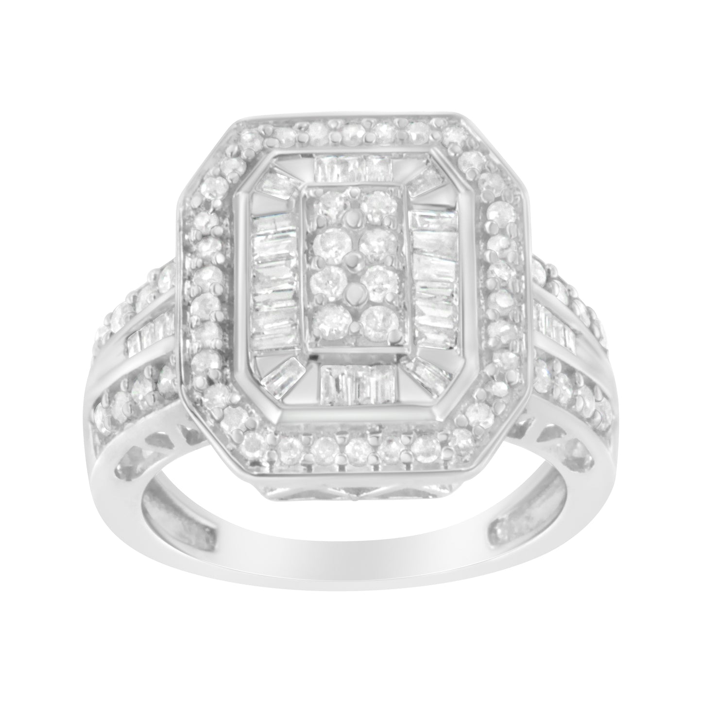 .925 Sterling Silver Round and Baguette Diamond Cathedral Ring (0.75 Cttw, H-I Color, I2-I3 Clarity) - Size 7