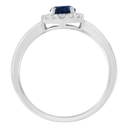 10K White Gold 1/5 Cttw Round Diamond and Prong Set 7MM Created Blue Sapphire Halo Cocktail Ring (H-I Color, I1-I2 Clarity) - Size 7