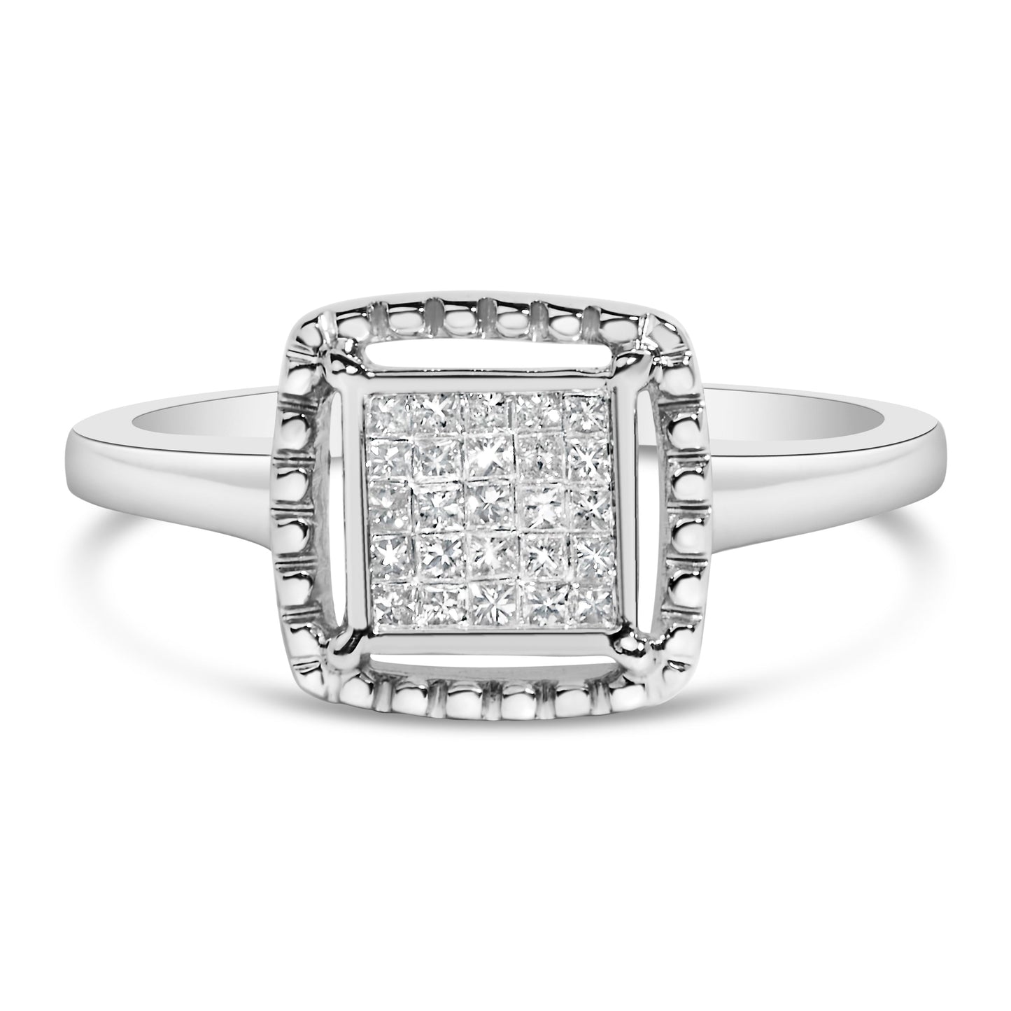 .925 Sterling Silver 1/5 Cttw Invisible Set Princess Cut Diamond Promise Ring with Beaded Halo (H-I Color, I1-I2 Clarity) - Ring Size 7