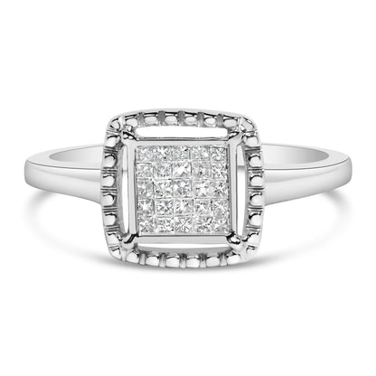 .925 Sterling Silver 1/5 Cttw Invisible Set Princess Cut Diamond Promise Ring with Beaded Halo (H-I Color, I1-I2 Clarity) - Ring Size 7