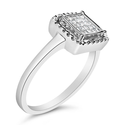 .925 Sterling Silver 1/5 Cttw Invisible Set Princess Cut Diamond Promise Ring with Beaded Halo (H-I Color, I1-I2 Clarity) - Ring Size 7