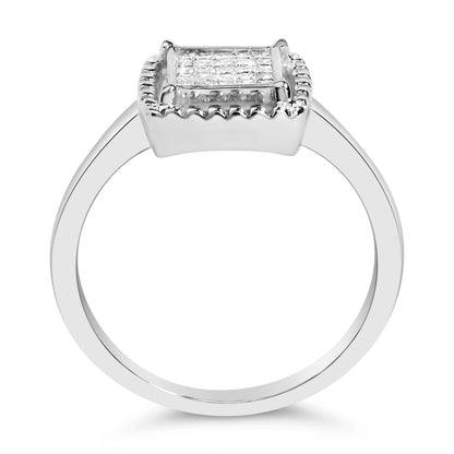 .925 Sterling Silver 1/5 Cttw Invisible Set Princess Cut Diamond Promise Ring with Beaded Halo (H-I Color, I1-I2 Clarity) - Ring Size 7