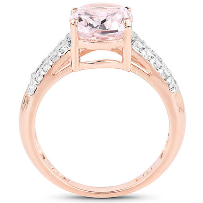 14K Rose Gold Plated 3.27 Carat Genuine Kunzite Oval and White Zircon .925 Sterling Silver Ring Ring
