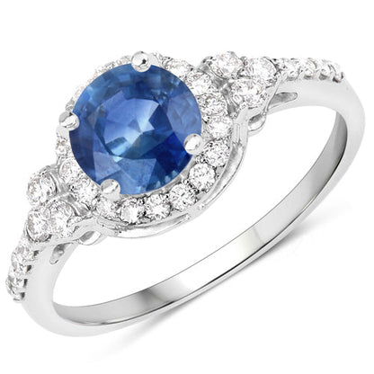 1.34 Carat Genuine Blue Sapphire and White Diamond 14K White Gold Ring