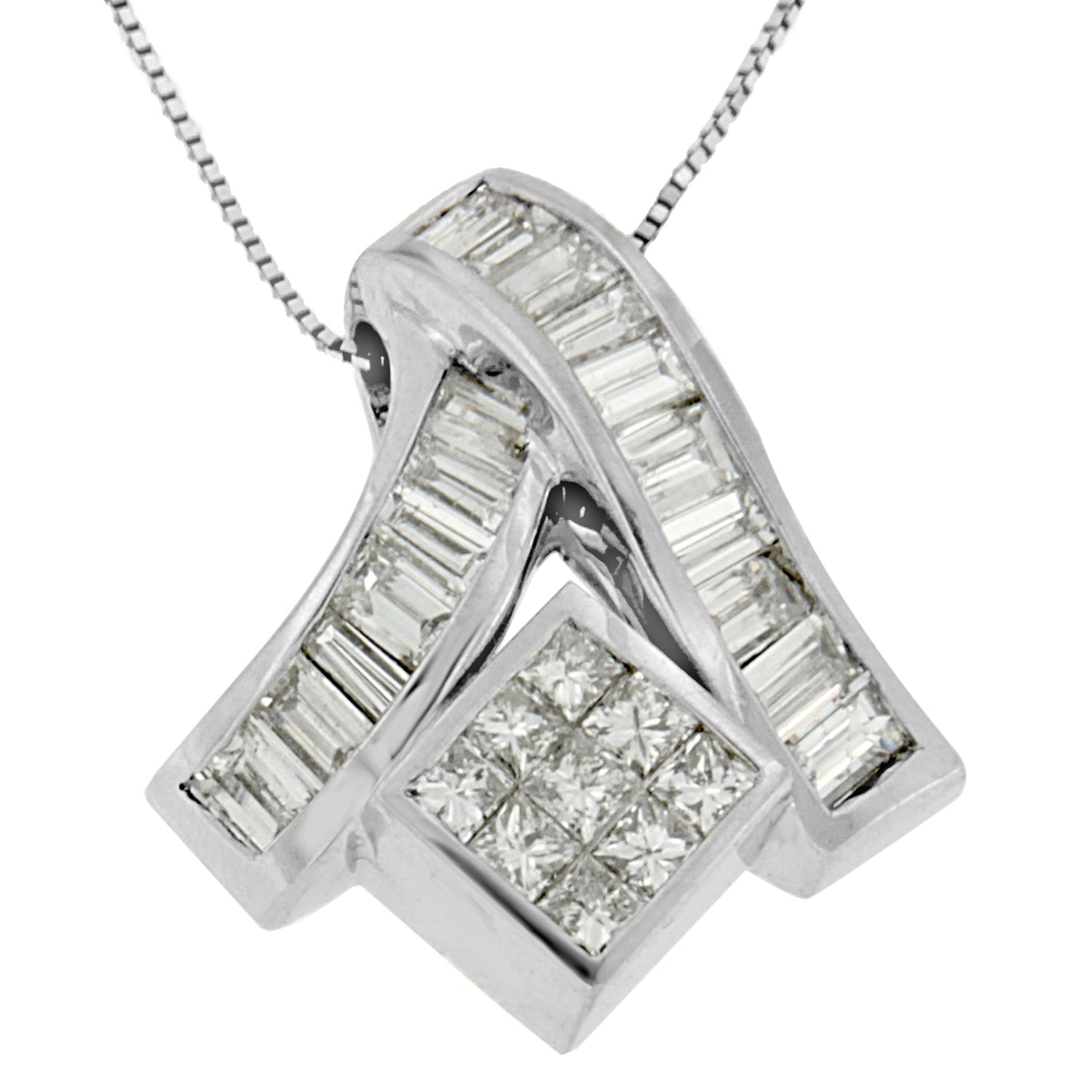 14K White Gold 1 7/8 cttw Princess and Baguette Cut Mixed Geometry Diamond Pendant Necklace (G-H, SI1-SI2)