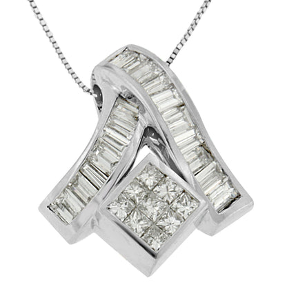 14K White Gold 1 7/8 cttw Princess and Baguette Cut Mixed Geometry Diamond Pendant Necklace (G-H, SI1-SI2)