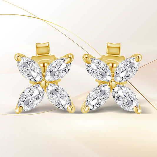 Boucles d'oreilles clous en or blanc 14K, diamant taille marquise, 1/2 carat total, 8 pierres, motif floral feuille (couleur H-I, pureté SI1-SI2)