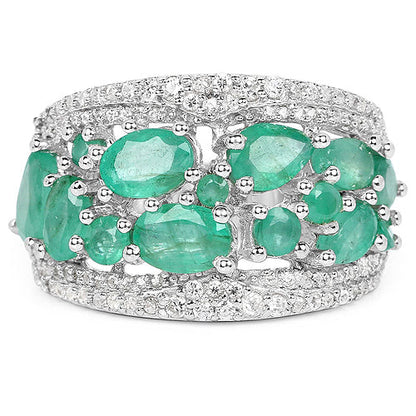 3.27 Carat Genuine Emerald and White Zircon .925 Sterling Silver Ring
