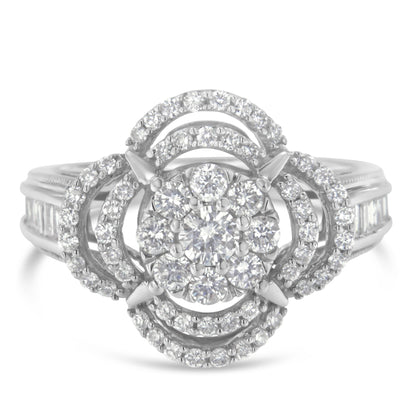 14K White Gold 1.0 Cttw Round & Baguette Cut Diamond Floral Cluster Quatrefoil Channel Set Band Cocktail Statement Ring (H-I Color, SI2-I1 Clarity) - Size 6-3/4