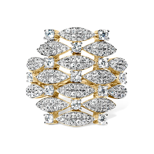 Bague cocktail ouverte géométrique superposée en or jaune 14 carats avec diamants de 1,0 carat (couleur I-J, clarté I1-I2) - Taille de bague 7