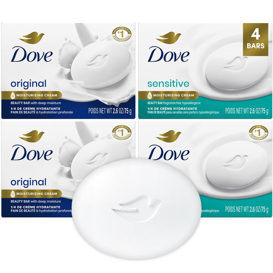 Paquete variado de 4 barras de jabón Dove Beauty Bar – Piel sensible sin fragancia + Original con crema hidratante de 2.6 oz cada una