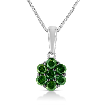 .925 Sterling Silver 1/2 Cttw Prong Set Treated Green Diamond Floral Cluster 18" Pendant Necklace (Green Color, I1-I2 Clarity)