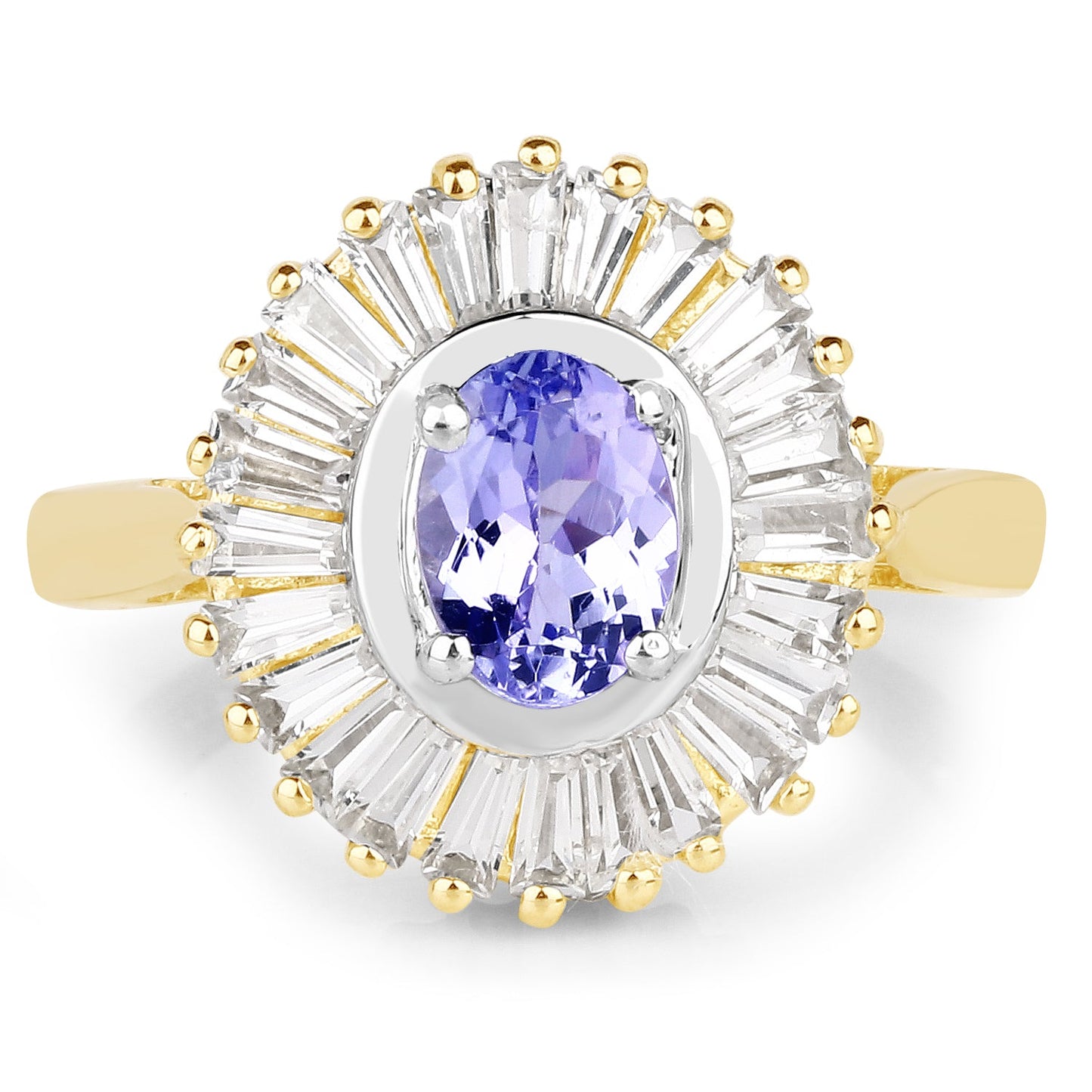 14K Yellow Gold Plated 2.16 Carat Genuine Tanzanite & White Topaz .925 Sterling Silver Ring