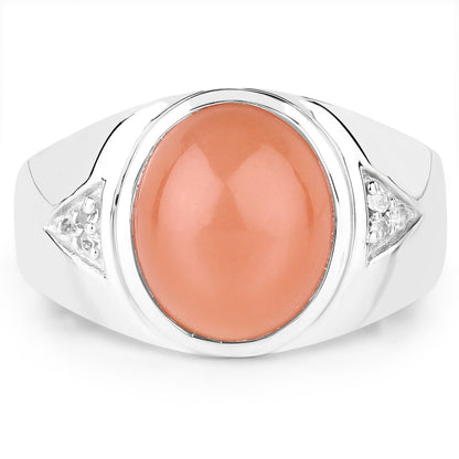 6.59 Carat Genuine Peach Moonstone and White Topaz .925 Sterling Silver Ring