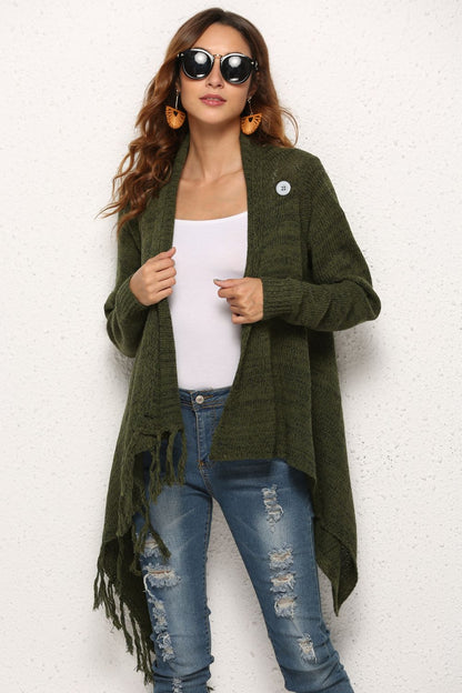Angel Wings One-Button Tassel Tie Asymmetrical Hem Cardigan