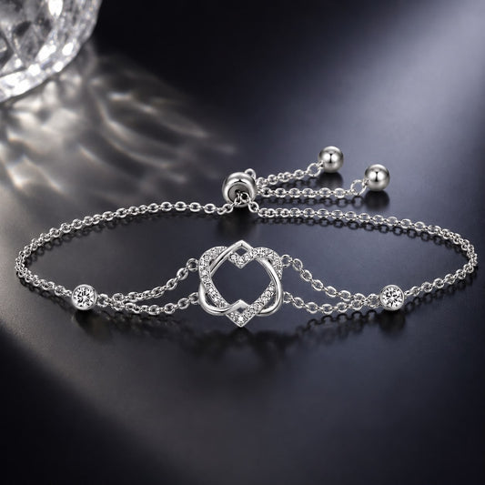 925 Sterling Silver Heart Shaped Bracelet 22CM for Women