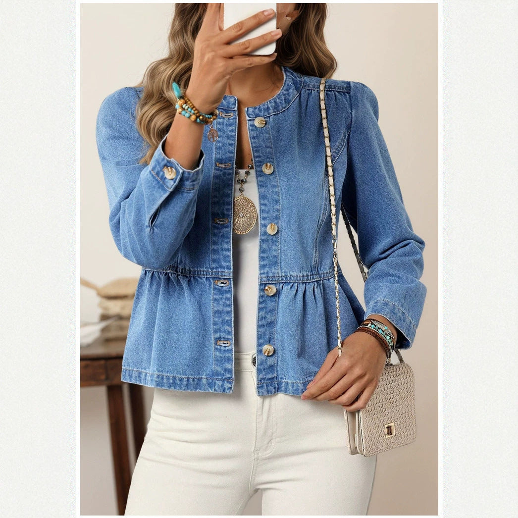 Cross-Border Denim Jacket For Women, Short Style, 2026 Spring And Autumn New Popular Model, European And American Casual Versatile Round Neck Puff Sleeves
