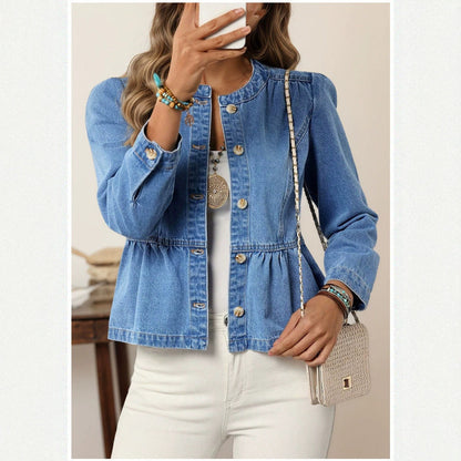 Cross-Border Denim Jacket For Women, Short Style, 2026 Spring And Autumn New Popular Model, European And American Casual Versatile Round Neck Puff Sleeves