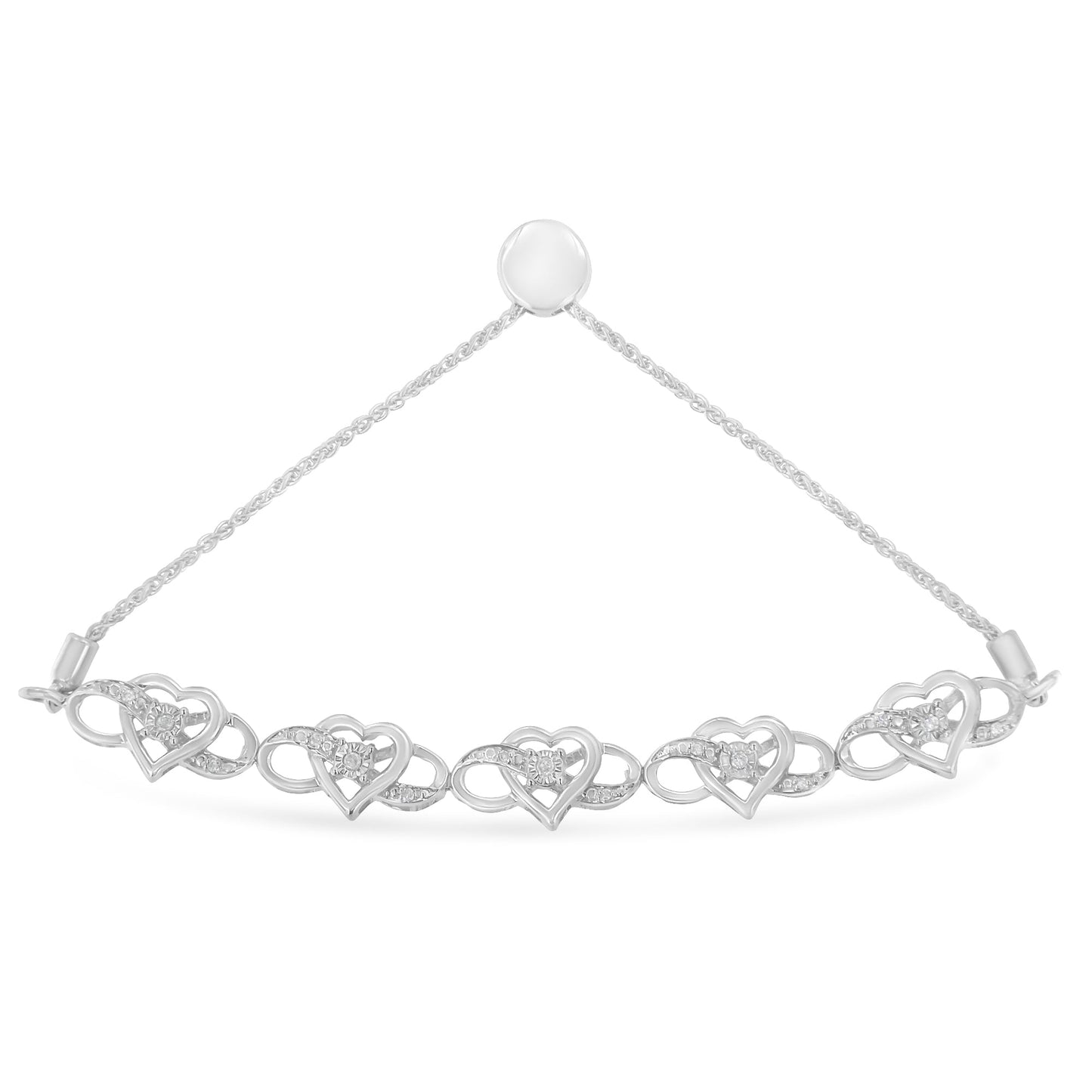 .925 Sterling Silver Miracle Set Diamond Accented Infinity Hearts 6â€-9â€ Adjustable Bolo Bracelet (H-I Color, I2-I3 Clarity)