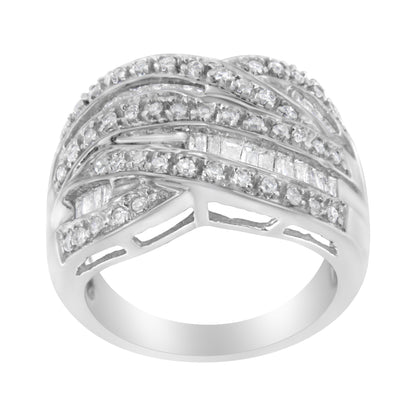 .925 Sterling Silver 1.0 Cttw Channel Set Alternating Round and Baguette Diamond Cross-over Bypass Ring Band (I-J Color, I2-I3 Clarity) - Size 7
