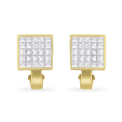 14K Yellow Gold 3-1/5 Cttw Princess Cut Diamond Â¾ Square Invisible Set Grid Huggy Style Omega Back Stud Earrings (G-H Color, VS1-VS2 Clarity)