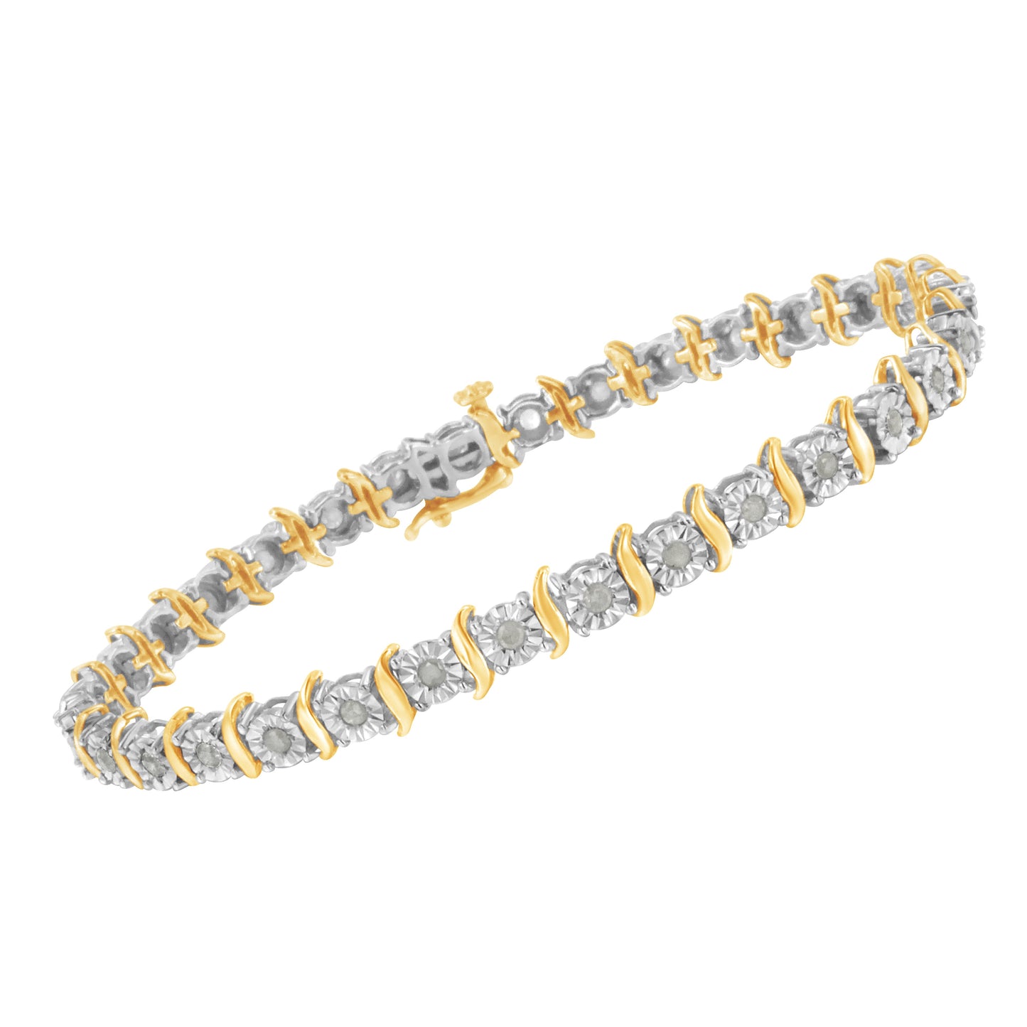 Two-Tone 10K Yellow Gold over .925 Sterling Silver 1.0 Cttw Diamond S-Curve Link Miracle-Set Tennis Bracelet (I-J Color, I3 Clarity) - 7"