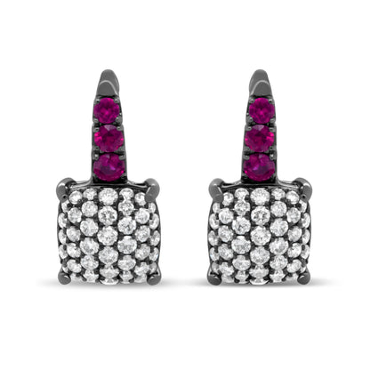 Black Rhodium Plated 18K White Gold 7/8 Cttw Round Diamond and Graduated Red Ruby Drop Earrings (F-G Color, VS1-VS2 Clarity)