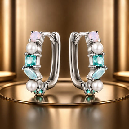925 Sterling Silver Earrings with Nano Opal, Shell Pearl and Glass, 1.4cm for Women