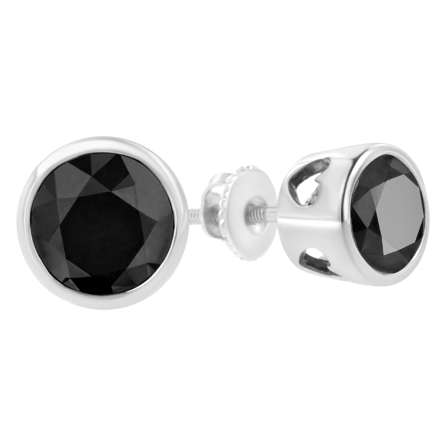 .925 Sterling Silver 4.00 Cttw Round Brilliant-Cut Black Diamond Bezel-Set Stud Earrings with Screw Backs (Fancy Color-Enhanced, I2-I3 Clarity)