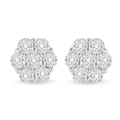 14K White Gold 3 cttw Prong Set Round-Cut Diamond Floral Cluster Stud Earring (I-J Color, SI1-SI2 Clarity)