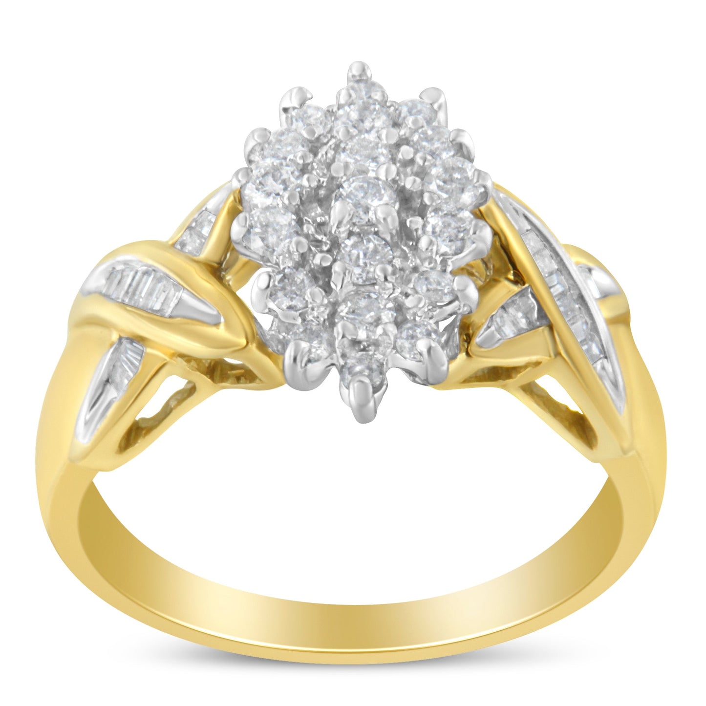 10K Two-Toned Gold Round Baguette Diamond Cluster Ring (1/2 Cttw, I-J Color, I2-I3 Clarity) - Size 6-1/2