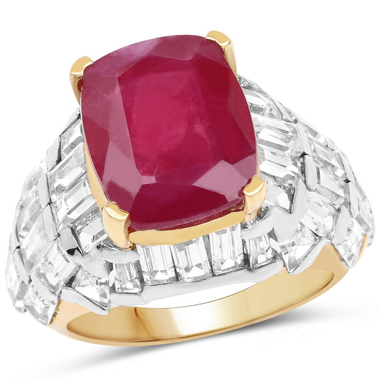 Bague en argent sterling 925 plaqué or jaune 14 carats, rubis (rempli de verre) de 10,76 carats et topaze blanche