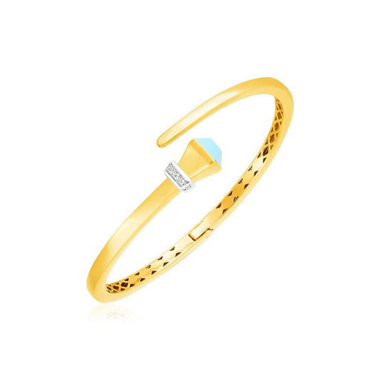 Bracelet jonc articulé de style croisé en or jaune 14 carats avec turquoise et diamants