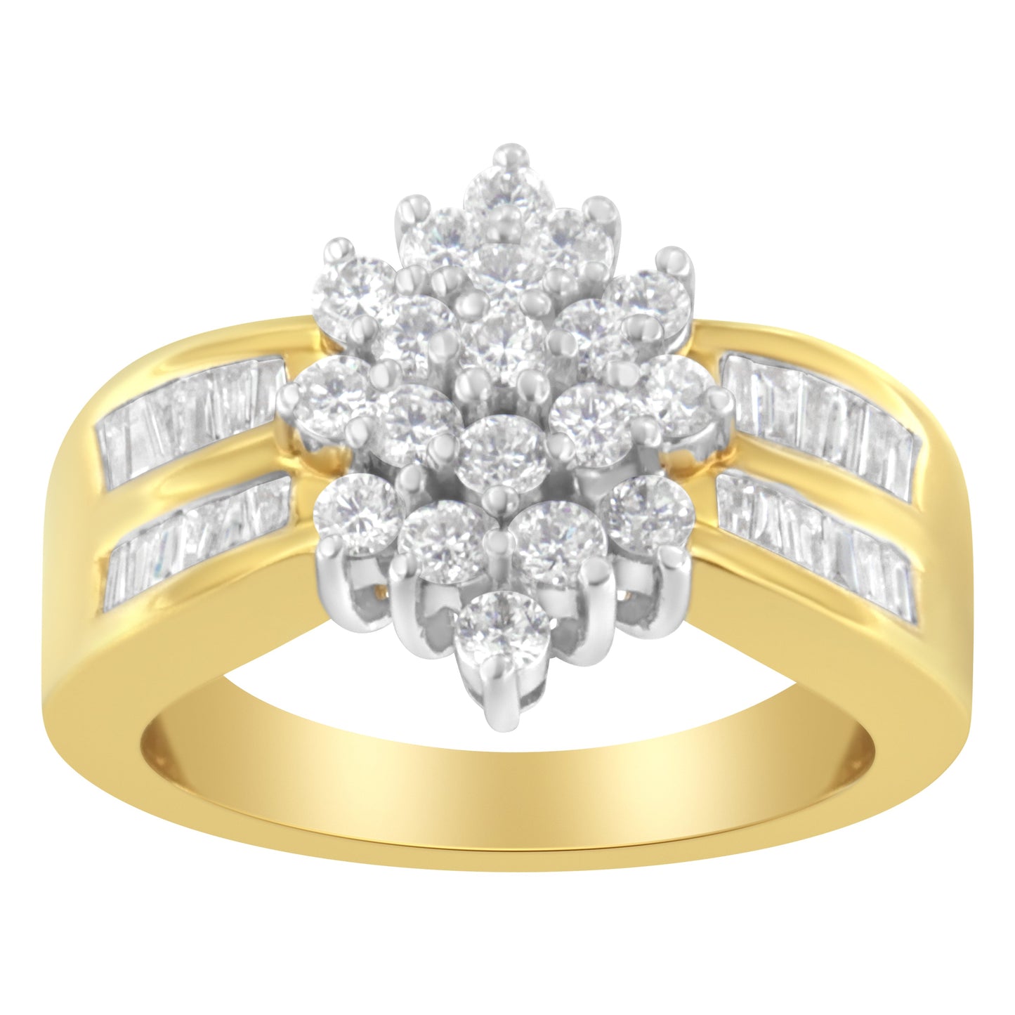 10K Yellow Gold 1.0 Cttw Round & Baguette Cut Diamond Floral Cluster Double-Channel Flared Band Statement Ring (H-I Color, SI2-I1 Clarity) - Size 6-1/2