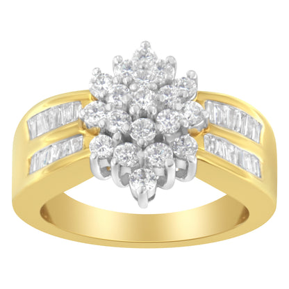 10K Yellow Gold 1.0 Cttw Round & Baguette Cut Diamond Floral Cluster Double-Channel Flared Band Statement Ring (H-I Color, SI2-I1 Clarity) - Size 6-1/2