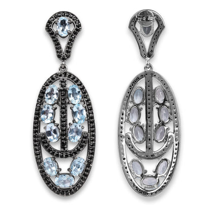 13.80 Carat Genuine Blue Topaz and Black Spinel .925 Sterling Silver Earrings