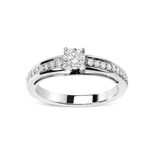 Bague de fiançailles solitaire pavée en or blanc 14 carats avec diamant 1/2 carat (couleur G-H, pureté VS2-SI1) - Taille 7