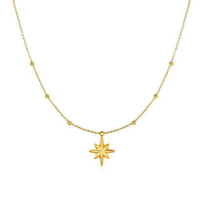 14k Yellow Gold Necklace with Eight Pointed Star and Beads