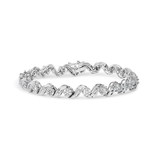 Bracelet en or blanc 14K avec grappe de diamants et maillons en spirale de 2,00 carats au total (couleur I-J, pureté I1-I2) - 7 po