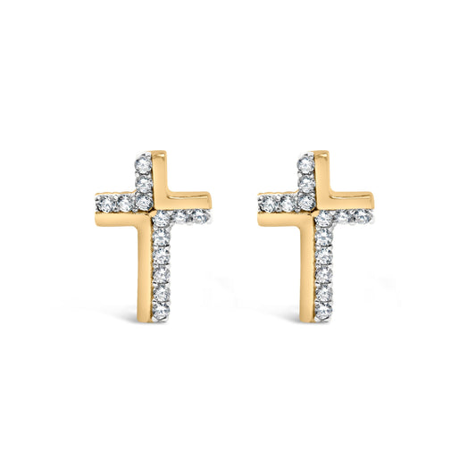 Boucles d'oreilles clous croix en argent sterling 925 plaqué or jaune 14 carats avec diamant 1/10 carat (couleur I-J, pureté I3)