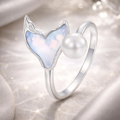 925 Sterling Silver Ring with Shell Pearl and Transparent Glass